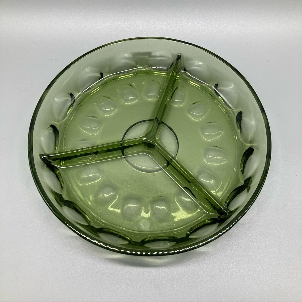 L.E. Smith Avocado Green Glass Thumbprint Tri Bowl EVC